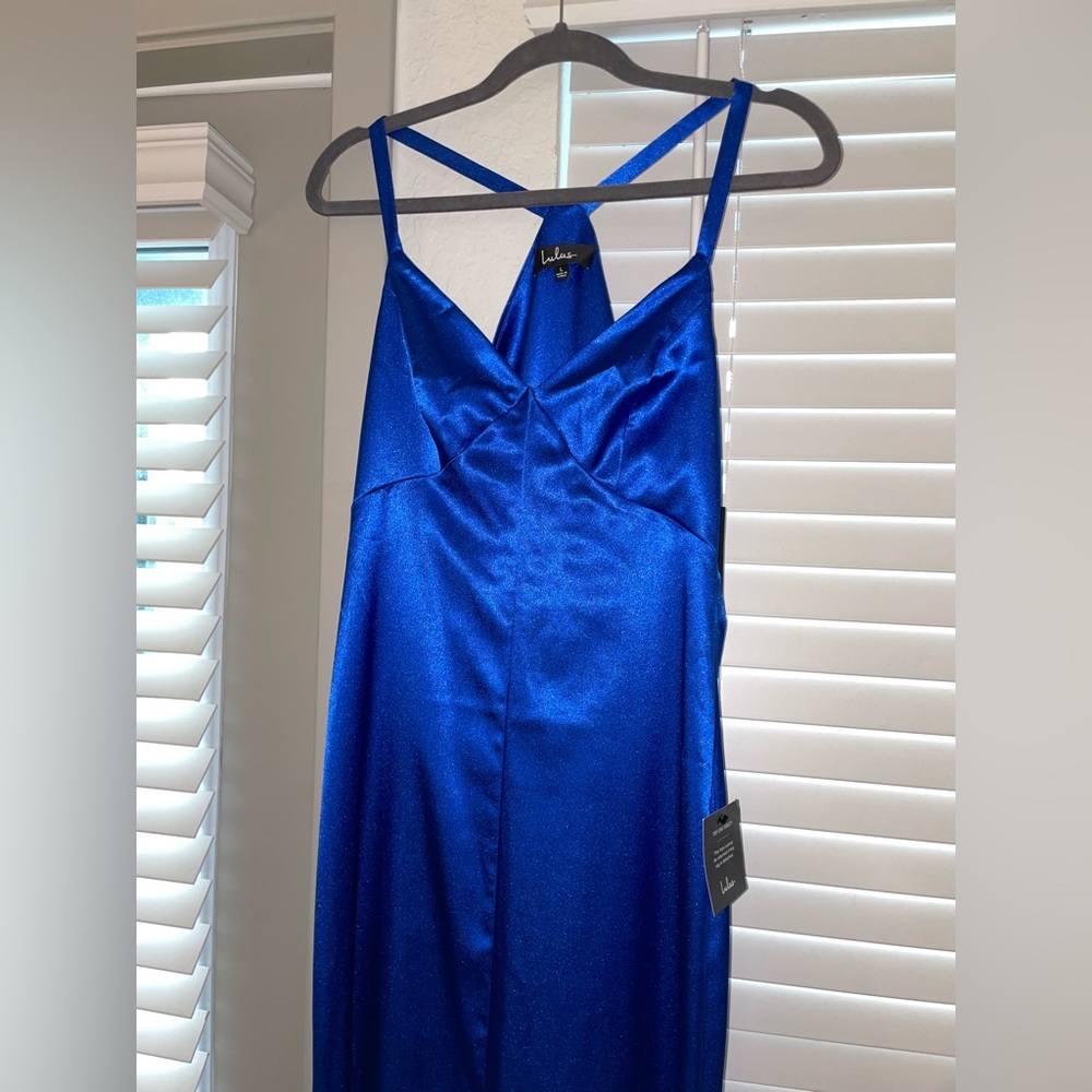 BRAND NEW W TAGS COLBALT BLUE SILK LULUS GOWN SIZE LARGE